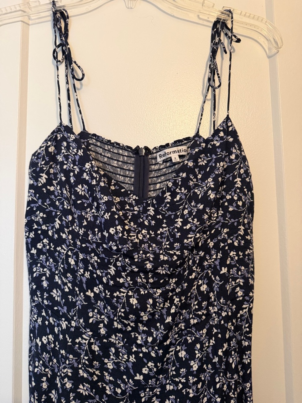 Reformation Navy Floral Tie-Strap Slip Dress